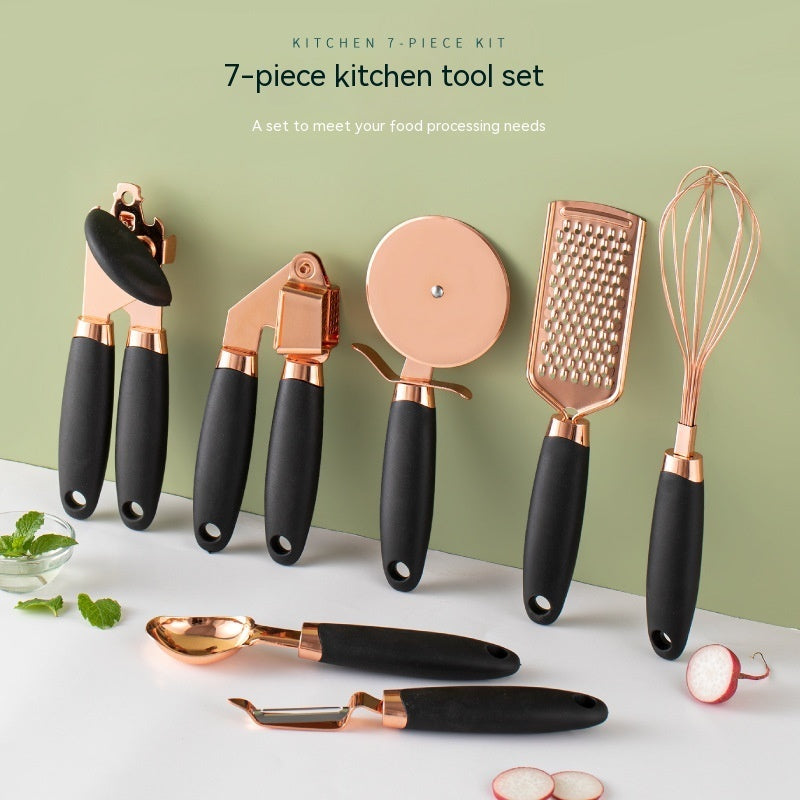 Kitchen Peeler & Utensil Set – 7PC Rose Gold Stainless Steel Cooking Tools | Elegant Copper-Plated Kitchen Gadget by Vintoba