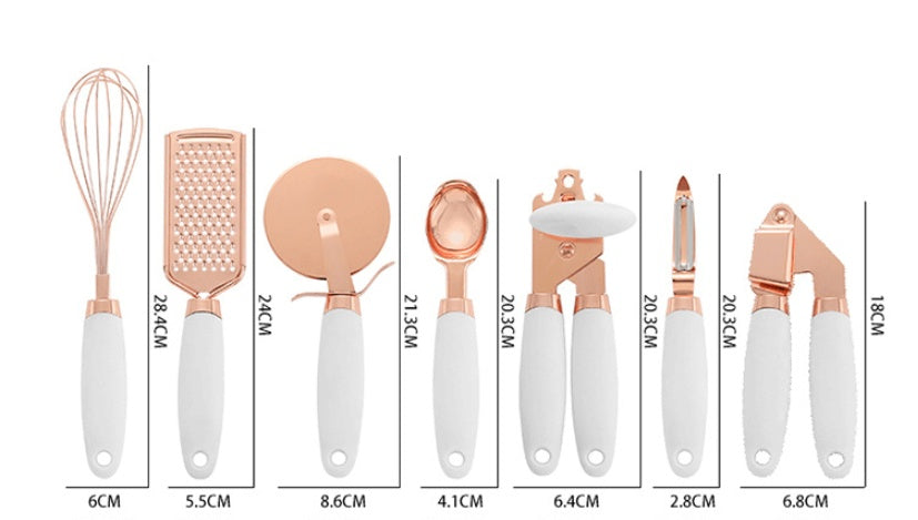 Kitchen Peeler & Utensil Set – 7PC Rose Gold Stainless Steel Cooking Tools | Elegant Copper-Plated Kitchen Gadget by Vintoba