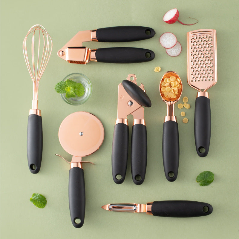 Kitchen Peeler & Utensil Set – 7PC Rose Gold Stainless Steel Cooking Tools | Elegant Copper-Plated Kitchen Gadget by Vintoba