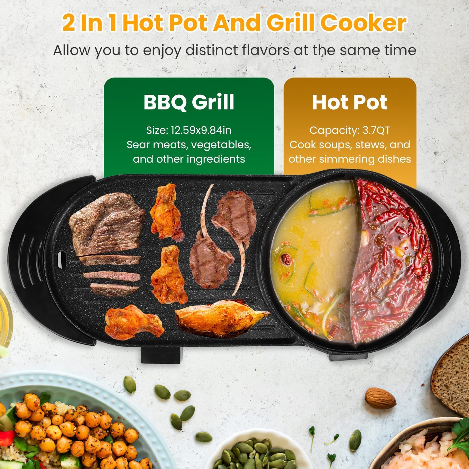 2200W 2-in-1 Electric Hot Pot with BBQ Grill | Smokeless Korean BBQ & Hotpot Combo – Dual Temperature Control Cooker by Vintoba